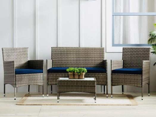 4-Piece Rattan Outdoor Patio Conversation Set, Navy & Gray  $149