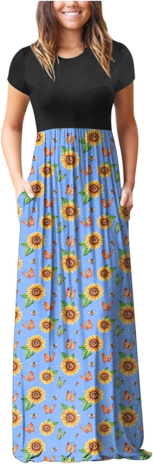 Summer Plus Size Short Sleeve Loose Floral Long Maxi Dresses