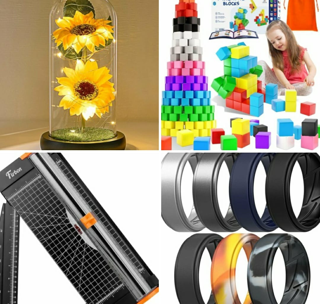 Paper Cutter, Large Magnetic Cubes Building Blocks, Artificial Sunflowers in Glass Dome with LED Strip, Silicone Wedding Rings